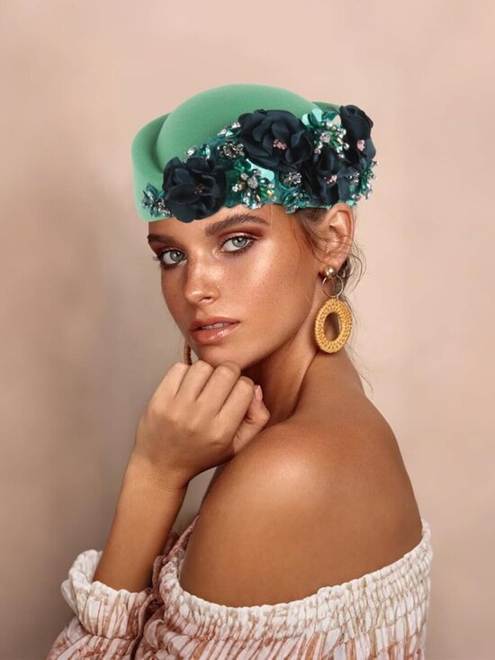 Women\'s British Felt hat Church Derby Headdress Floral Beret hat Green
